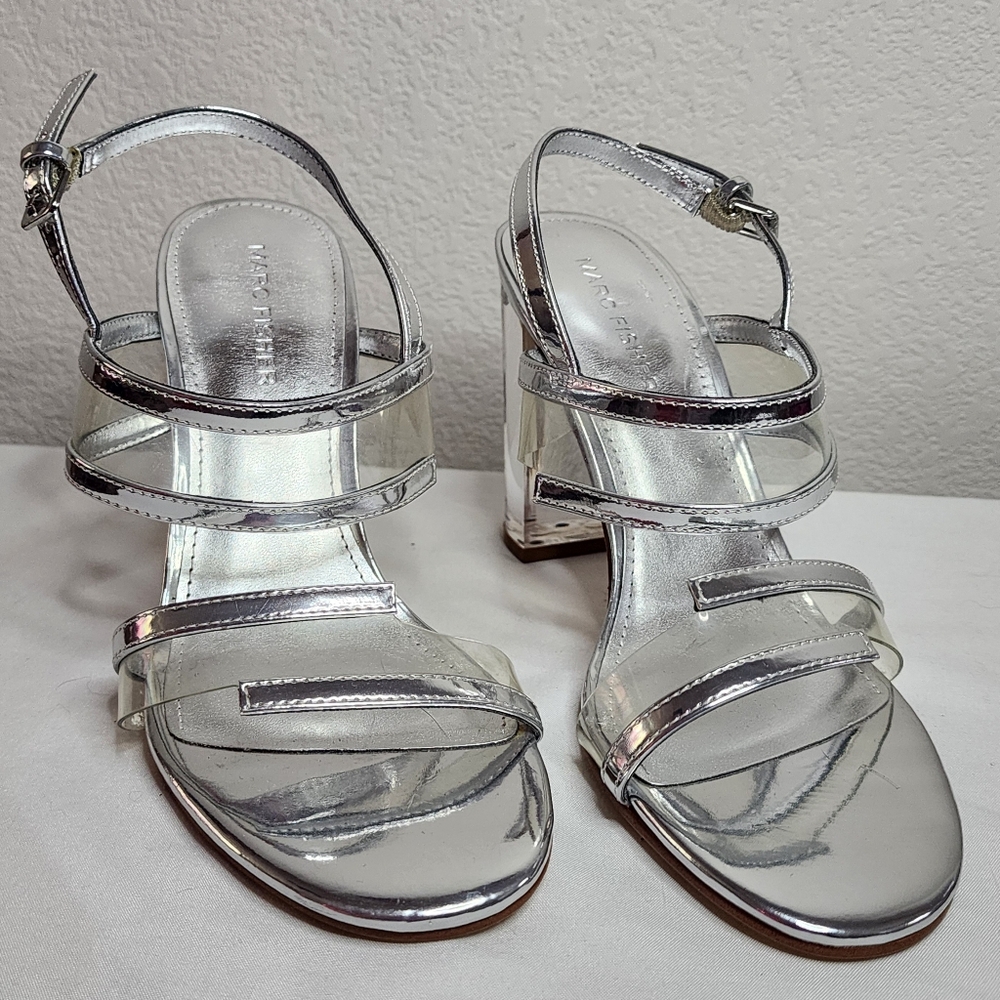 Marc Fisher Metallic Silver Acylic Sandals With Transparent Heel Size 6.5US